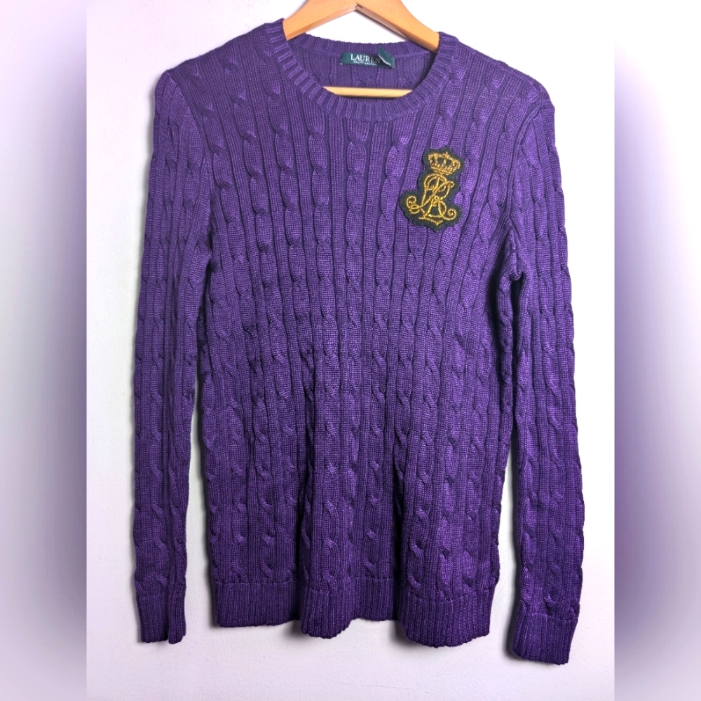 Lauren Ralph Lauren purple Gold Embroidered crest monogram  cable knit sz M